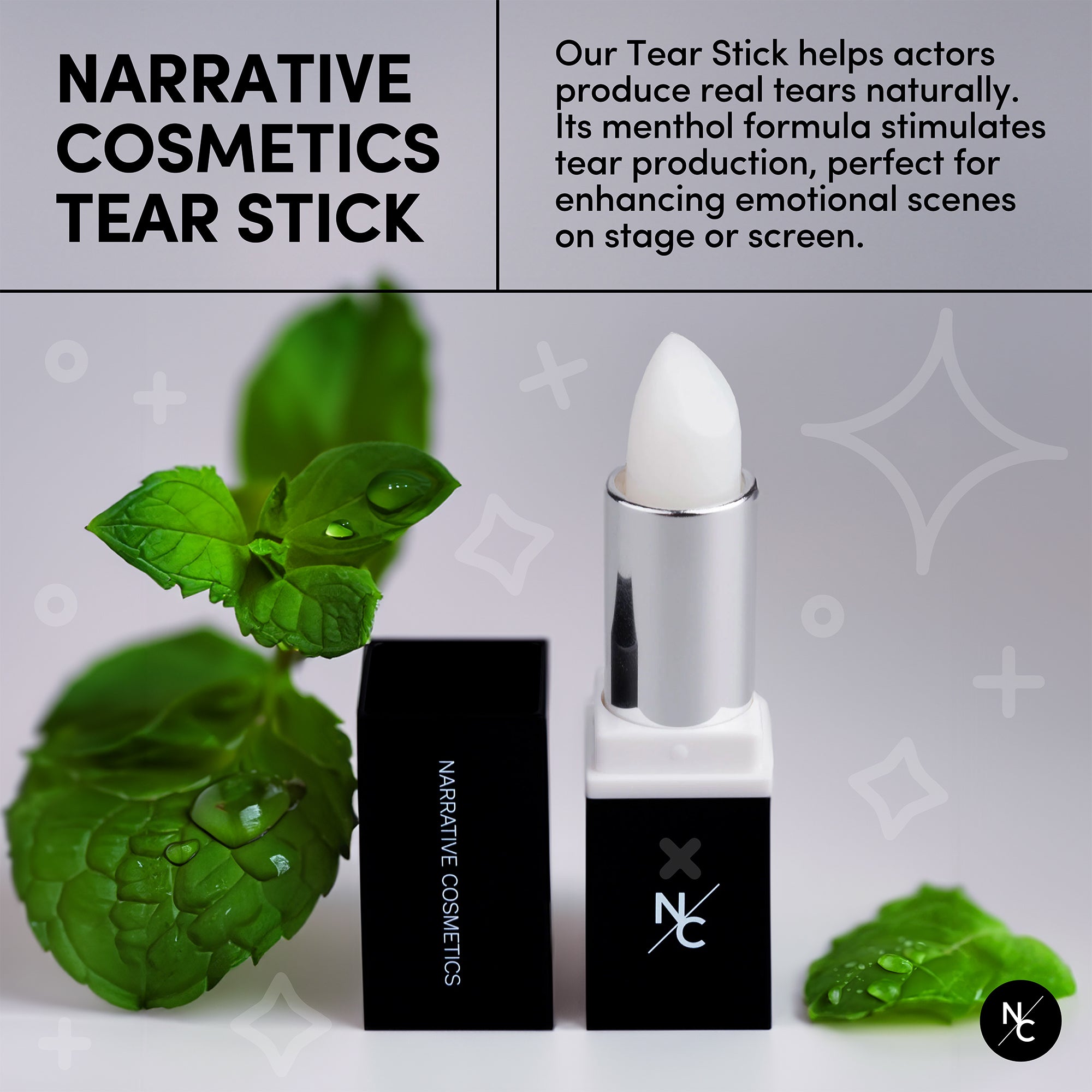 Tear Stick product graphic with green leaves