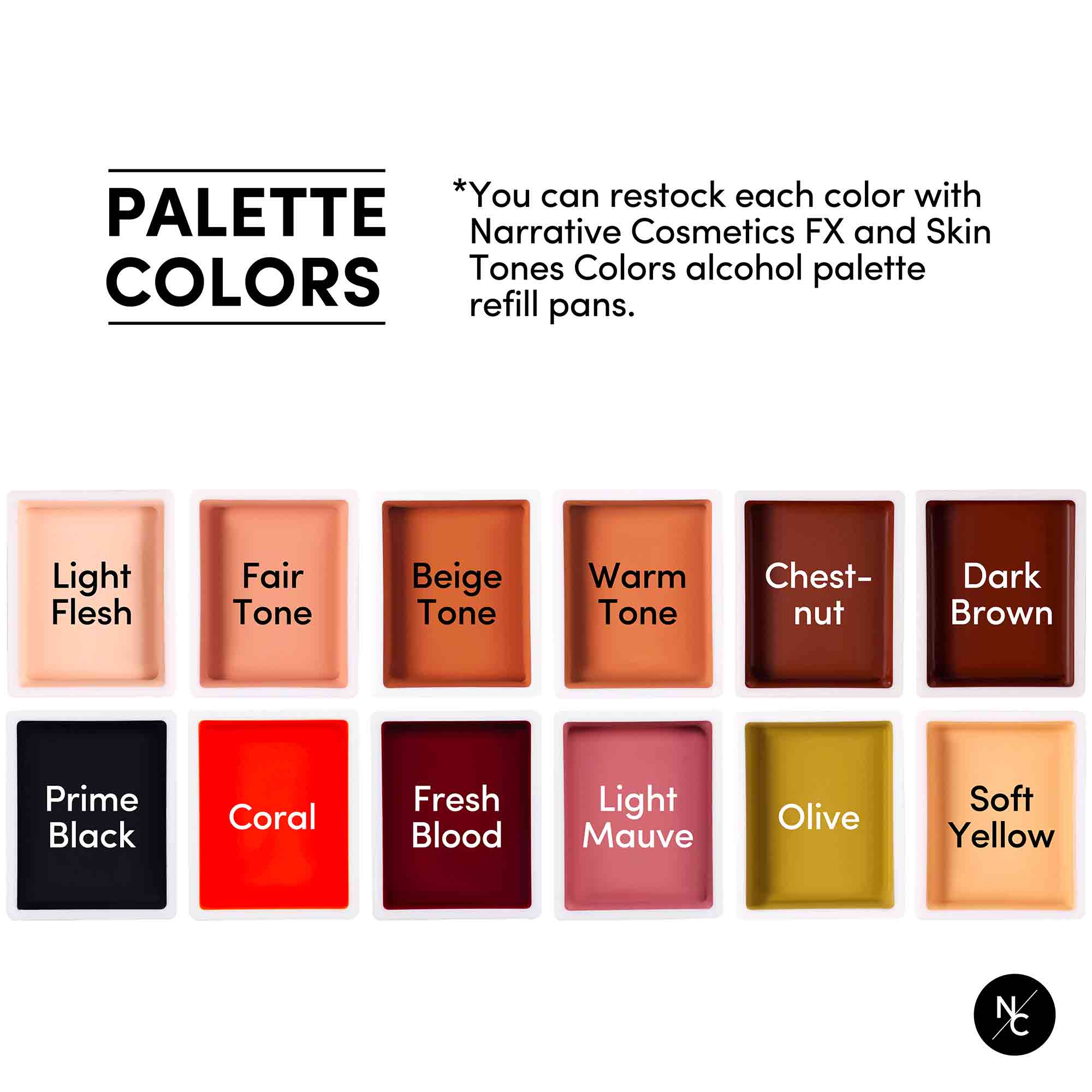 Palette Colors guide showing all 12 shades of the Tattoo Cover-Up Palette