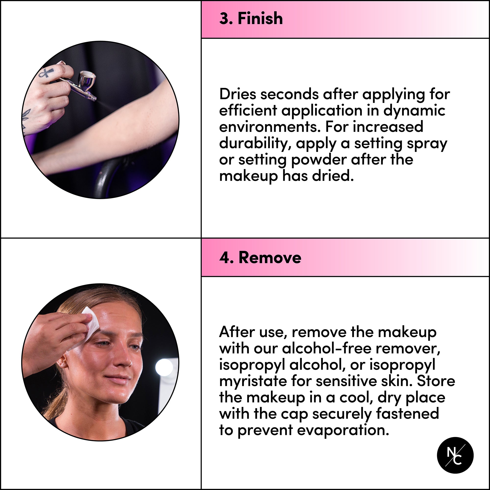 Flesh Tone Alcohol Airbrush Paints makeup guide showing finish and removal steps, with setting, remover, and storage tips