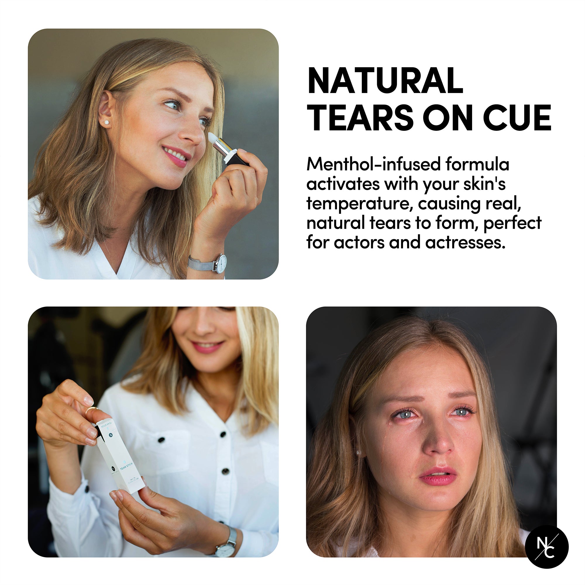 Natural tears on cue Tear Stick lifestyle and information graphic