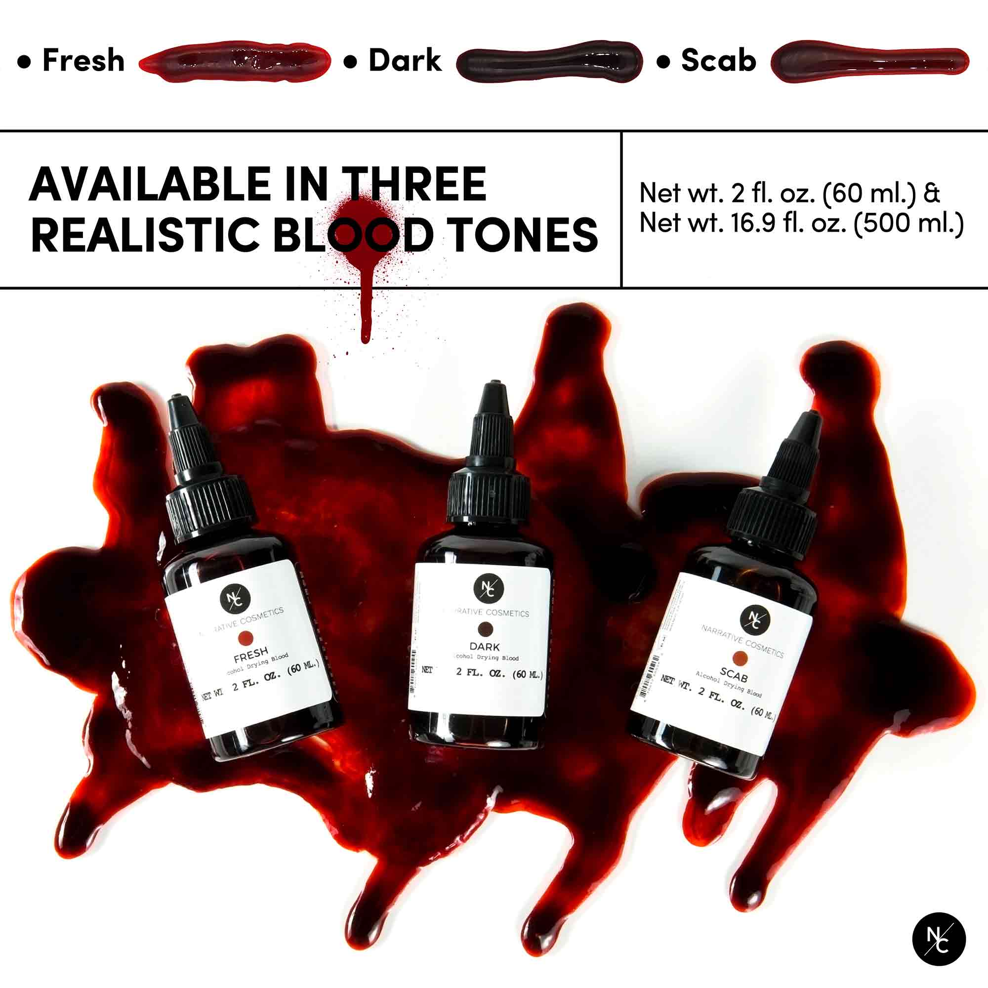 Available in three realistic blood tones — Fresh, Dark, and Scab swatches with bottles in dripping blood styling