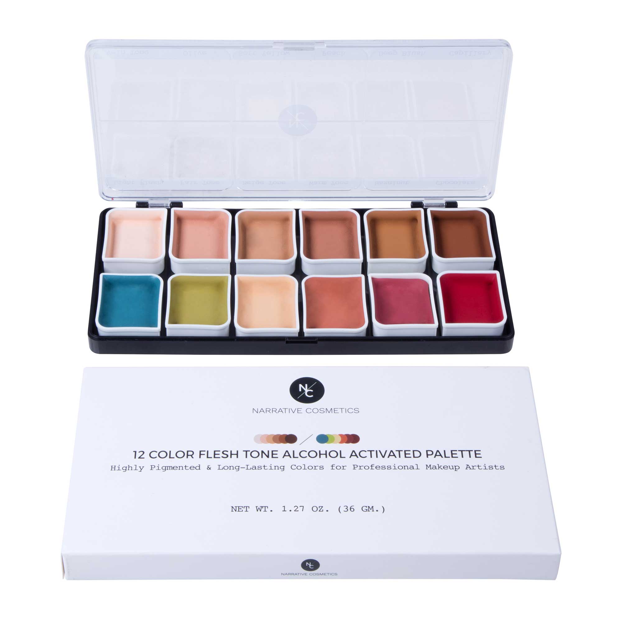 Open 12-color flesh tone alcohol-activated palette with branded box on white background