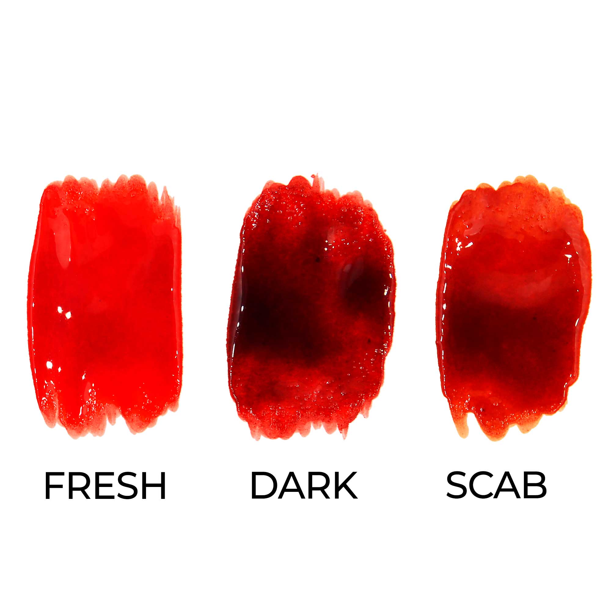 Alcohol Drying Blood vertical swatches — Fresh, Dark, and Scab tones on white