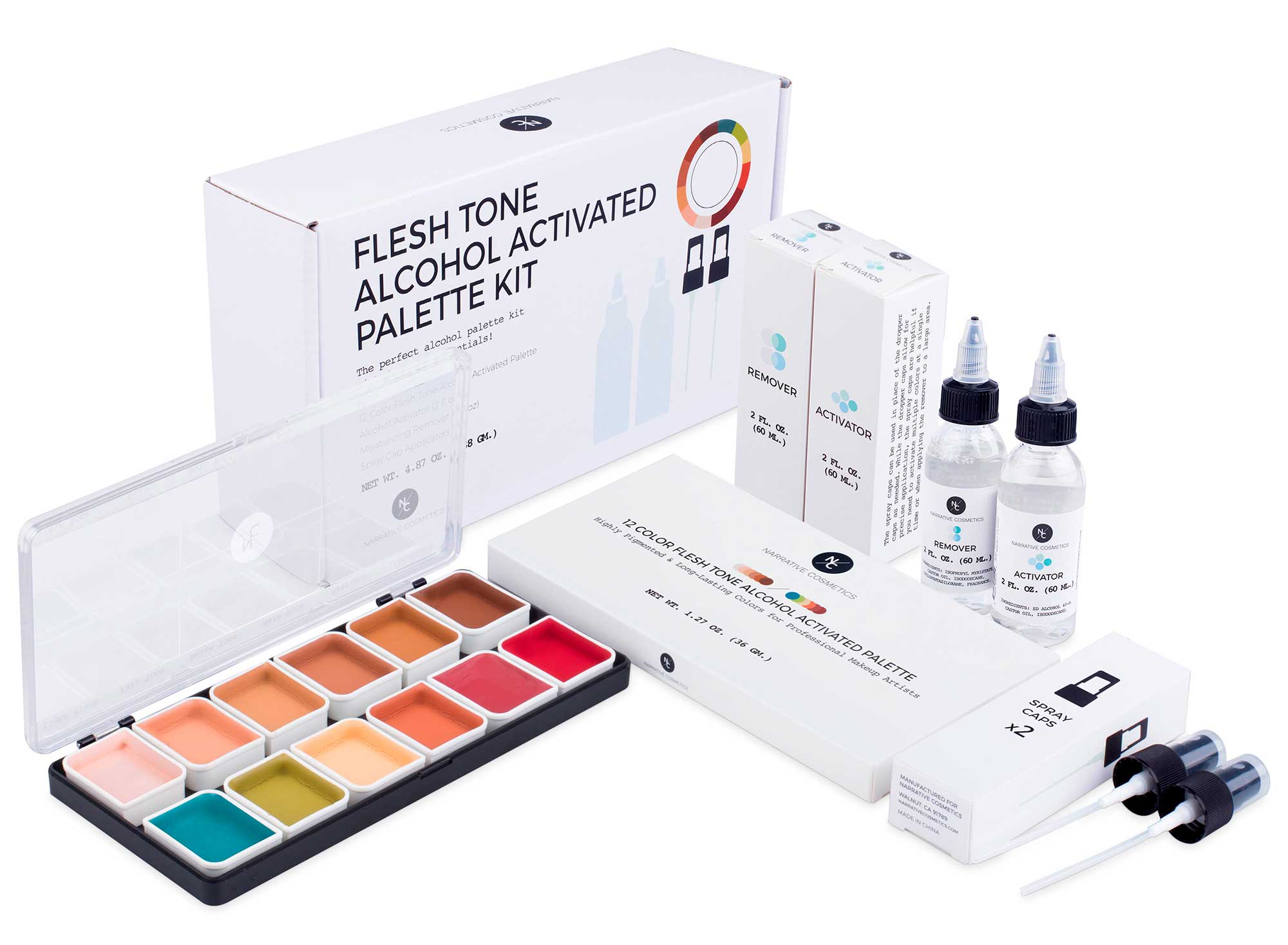 Flesh tone alcohol palette kit bundle with open palette, packaging, remover, activator, and spray caps