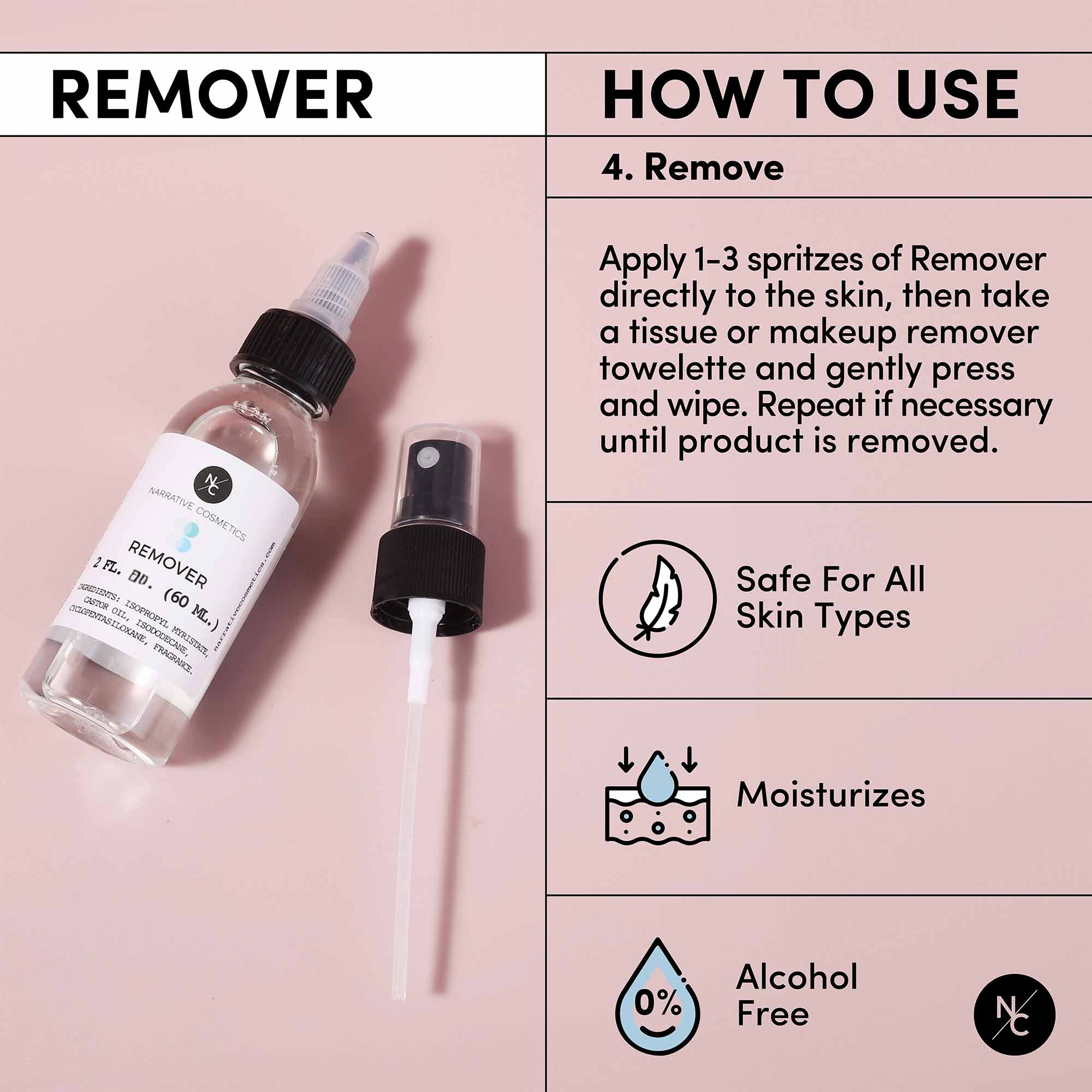 Remover instructions for alcohol-activated makeup