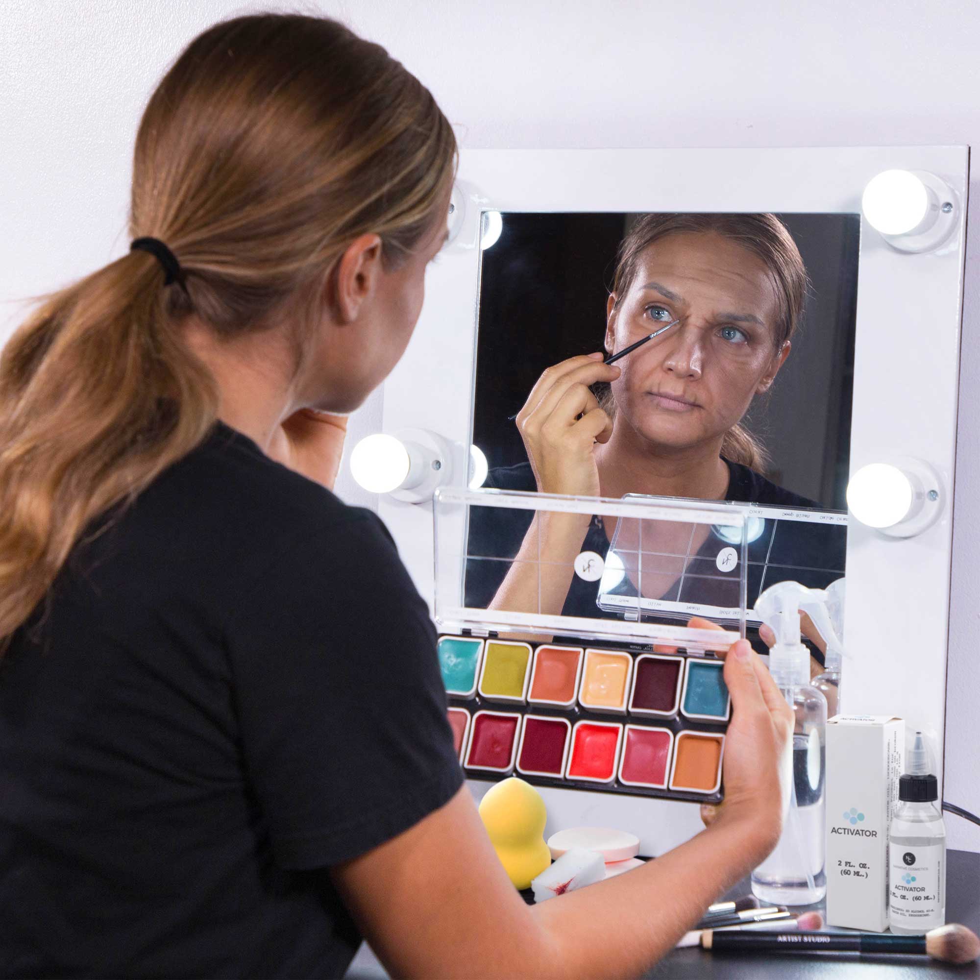 Artist applying complexion SFX makeup with palette