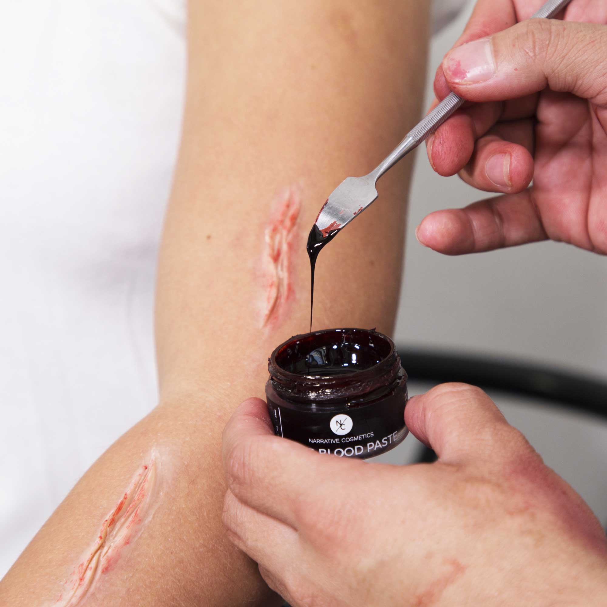 Realistic SFX scar wound on forearm created with Scar Wax and Scab Blood Paste