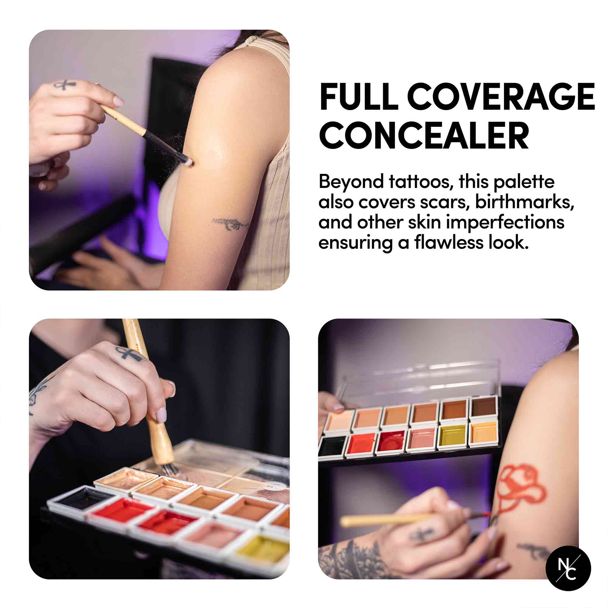 Full Coverage Concealer guide demonstrating tattoo cover-up application