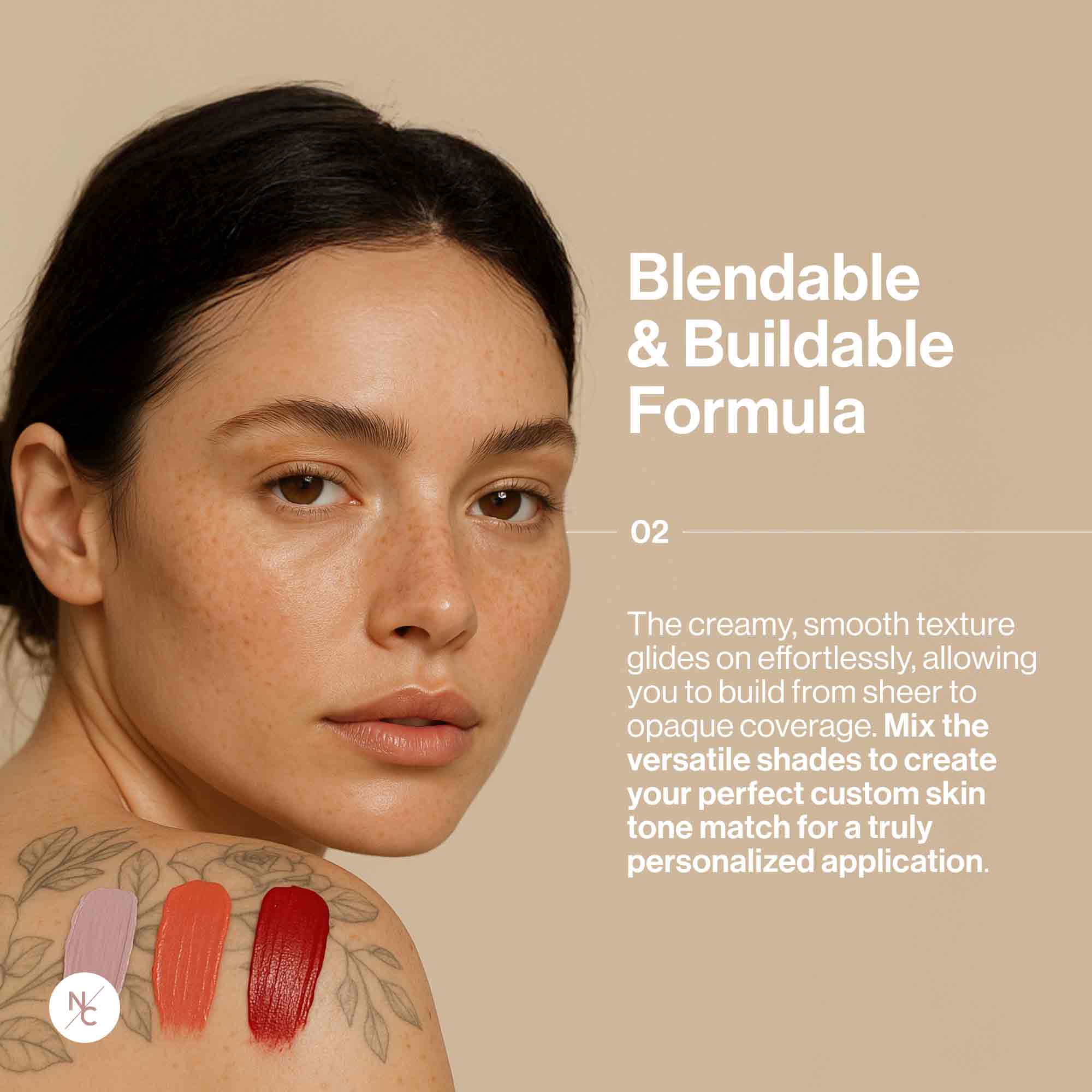 Blendable &amp; Buildable Formula infographic — buildable cream texture for personalized application