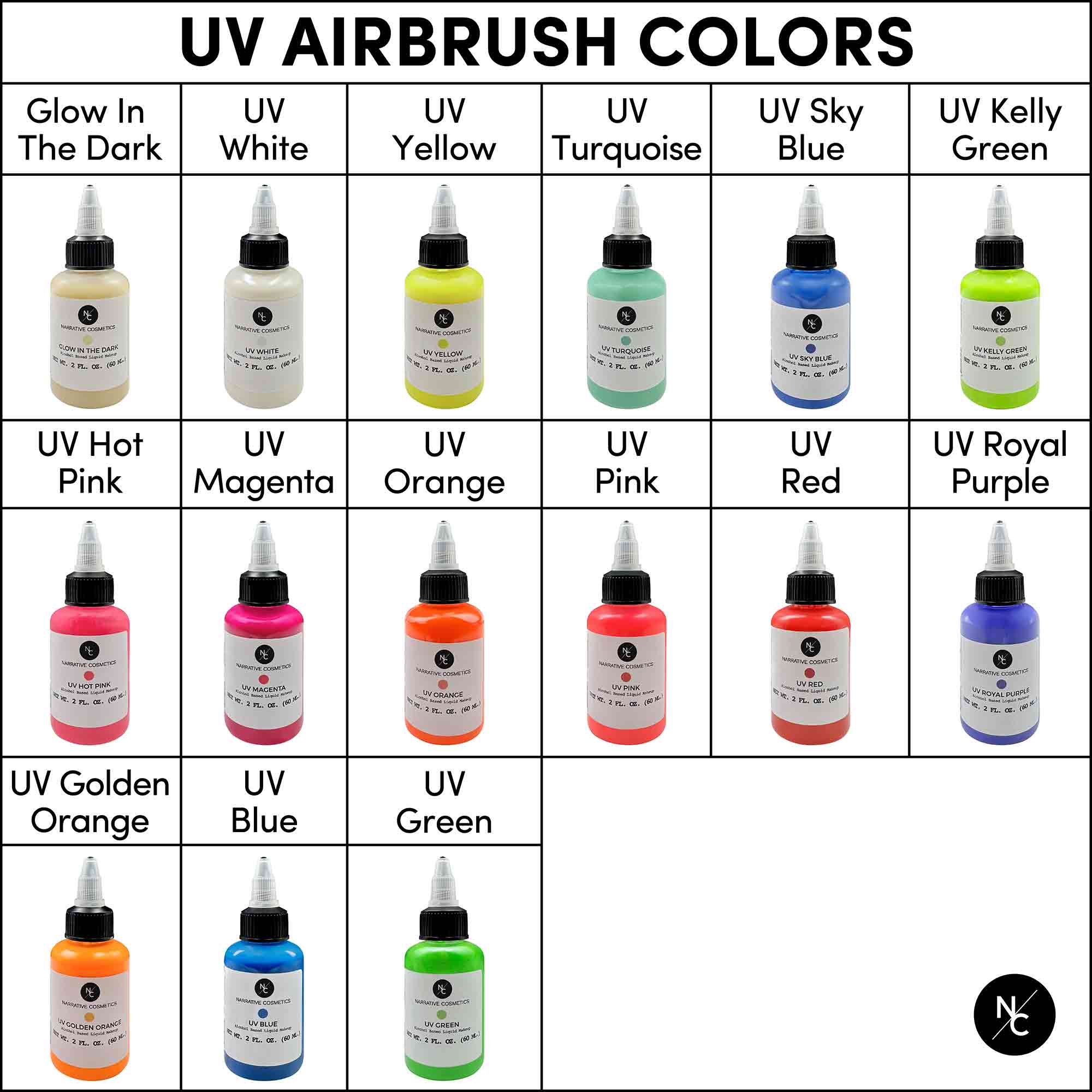 UV Fluorescent Alcohol Airbrush Paints — 2 fl oz / 60 ml