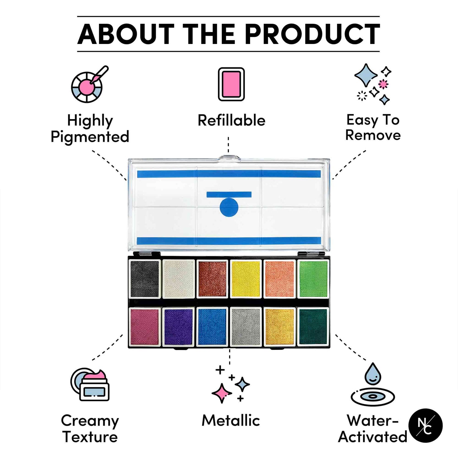 12 Color Metallic Water Activated Palette