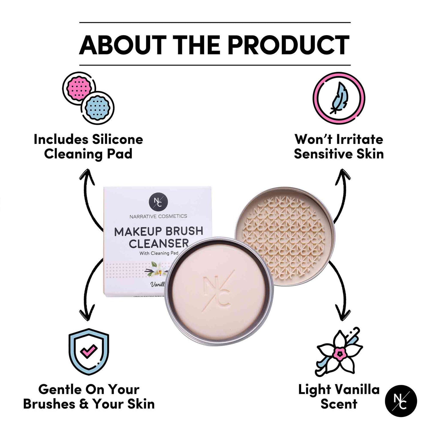 Solid Makeup Brush Cleanser Soap for Cosmetic Brushes with Silicone Cleaning Pad - Vanilla Fragrance, 2.45 Oz., Professional Makeup