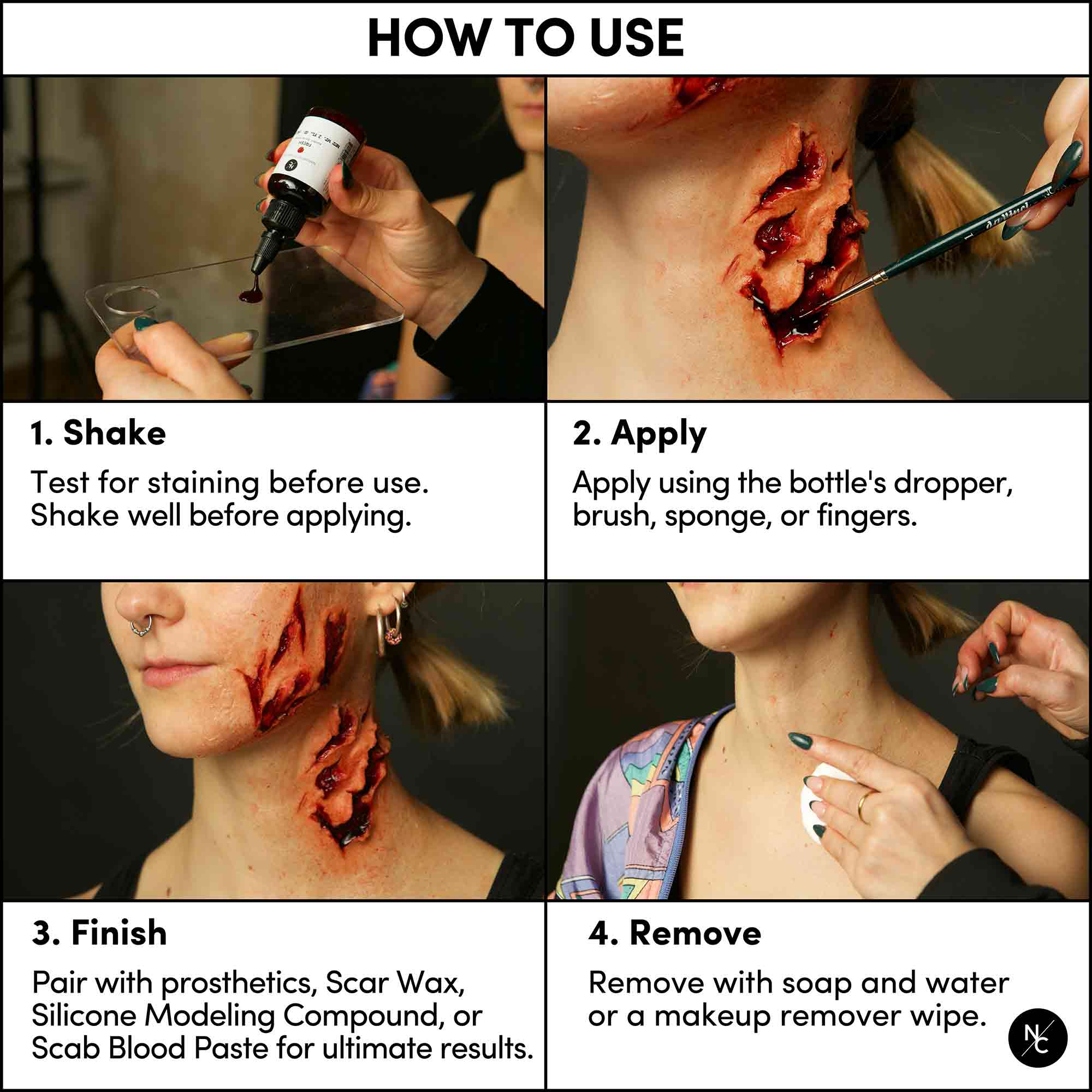 How to Use Alcohol Drying Blood 4-step infographic — shake, apply, finish, remove