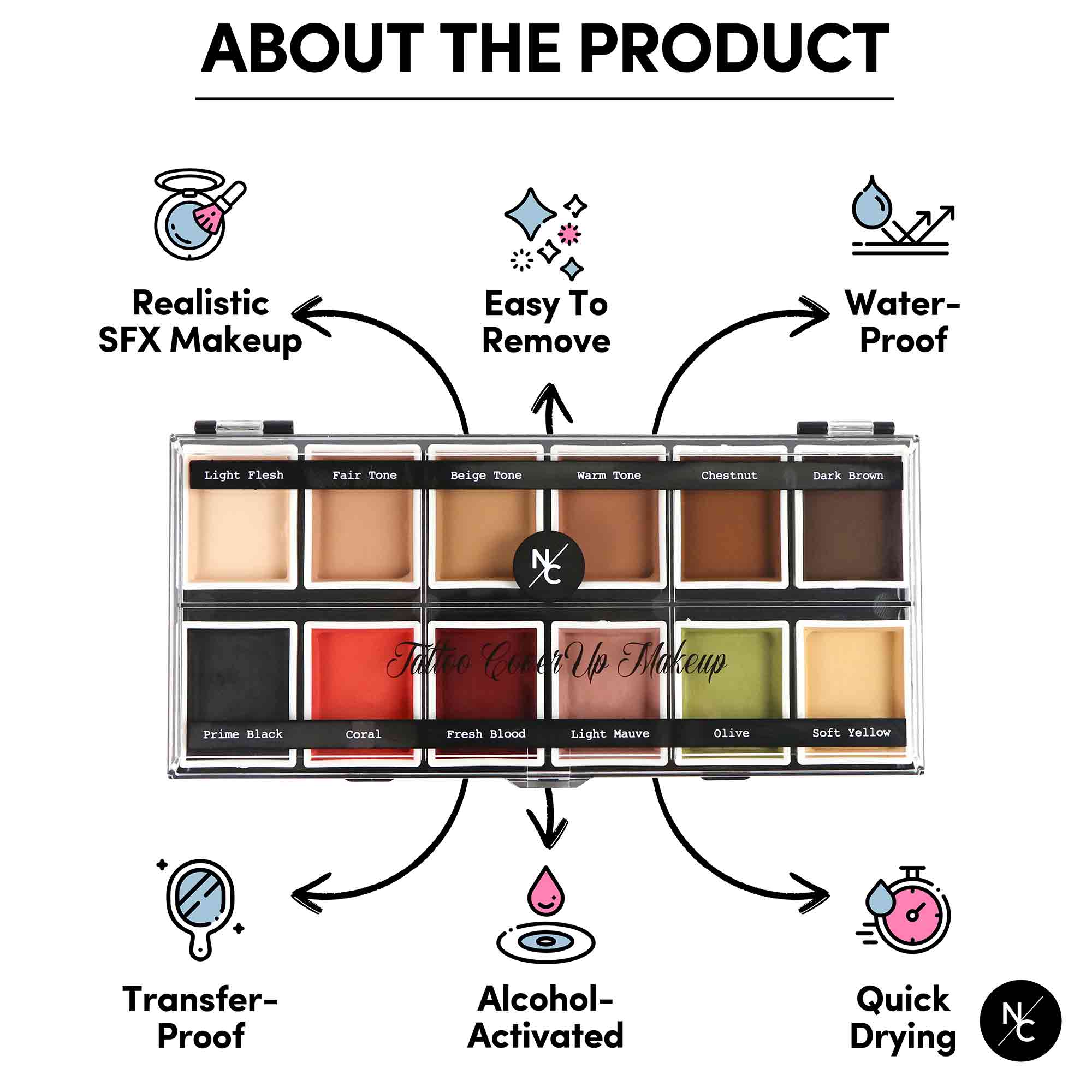 12-Color Tattoo Cover-Up Alcohol-Activated Palette