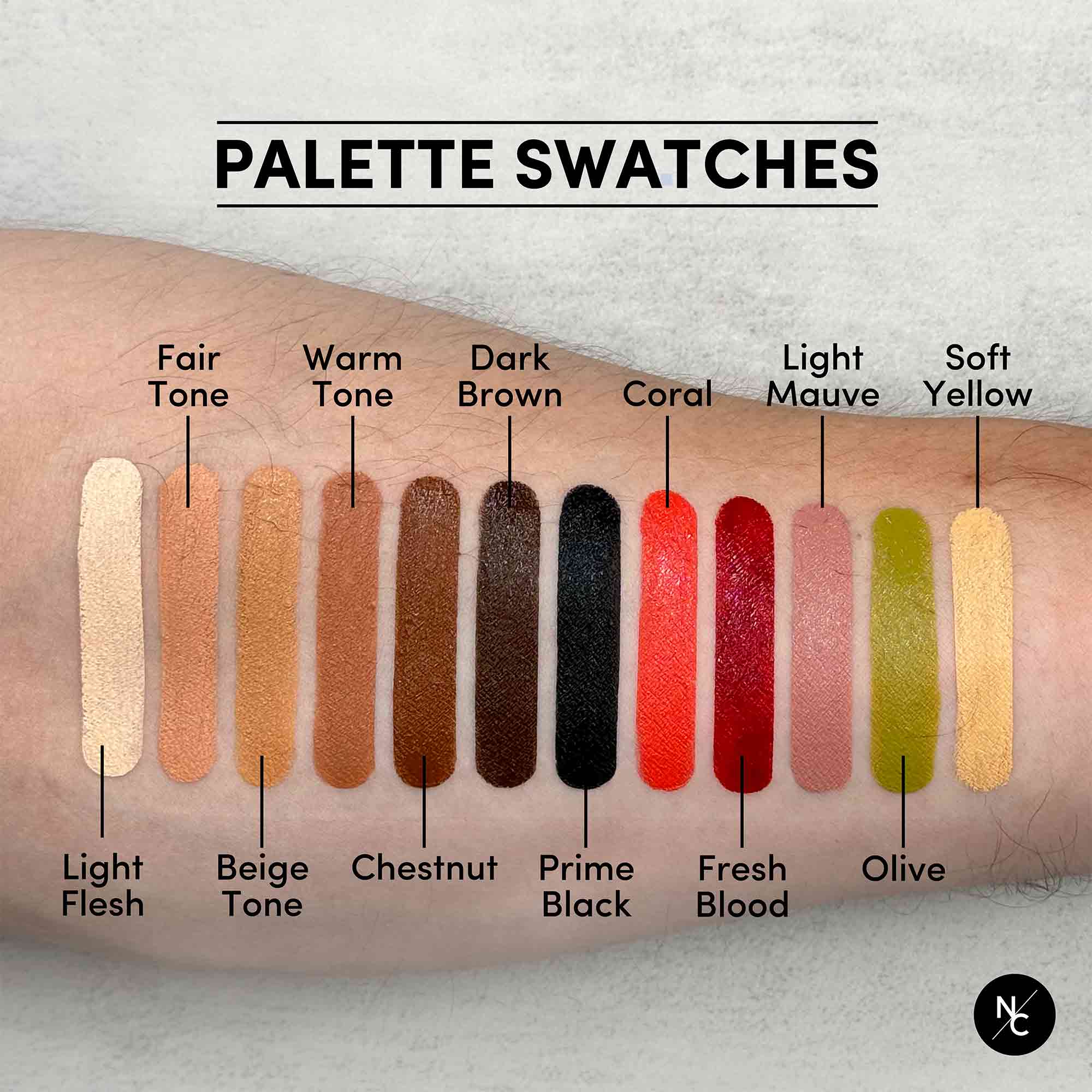 Palette swatches showing all 12 shades of the Tattoo Cover-Up Palette on skin