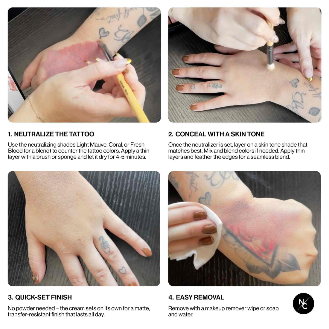 Tattoo cover-up application step-by-step — neutralize, conceal, quick-set finish, easy removal
