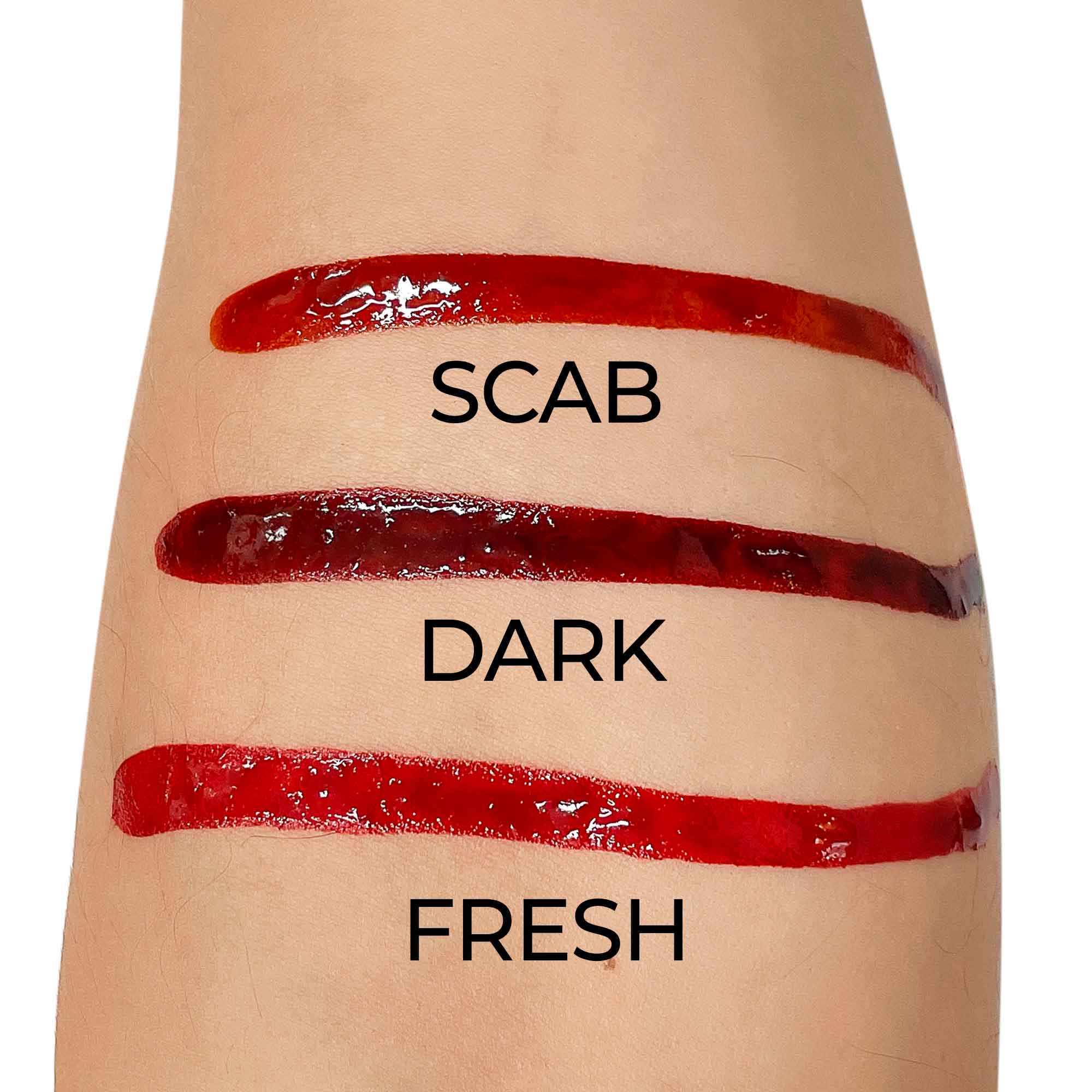 Alcohol Drying Blood swatches on forearm — Scab, Dark, and Fresh tones