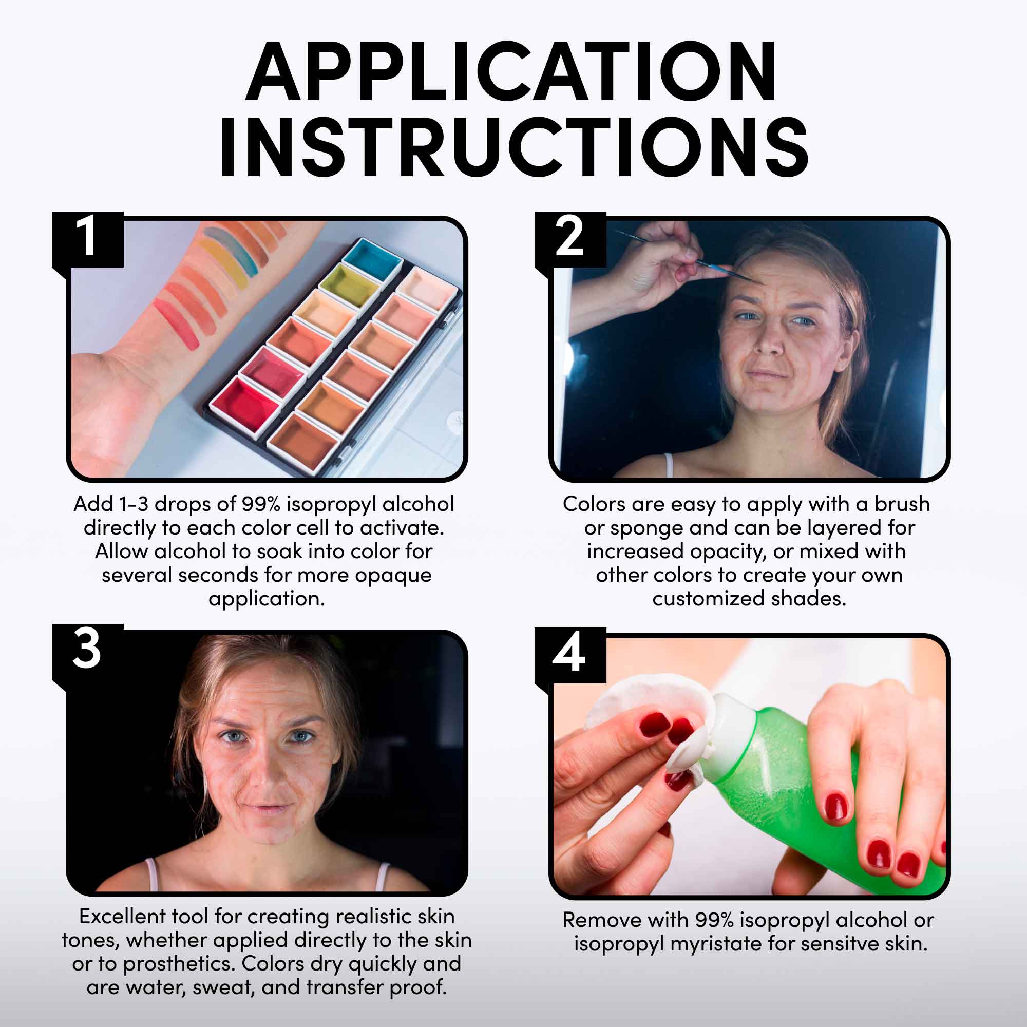 Application instructions graphic for flesh tone alcohol palette kit