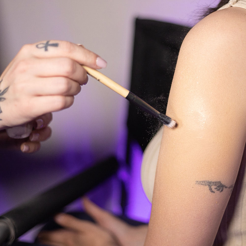 Close-up of tattoo concealment using Tattoo Cover-Up Palette