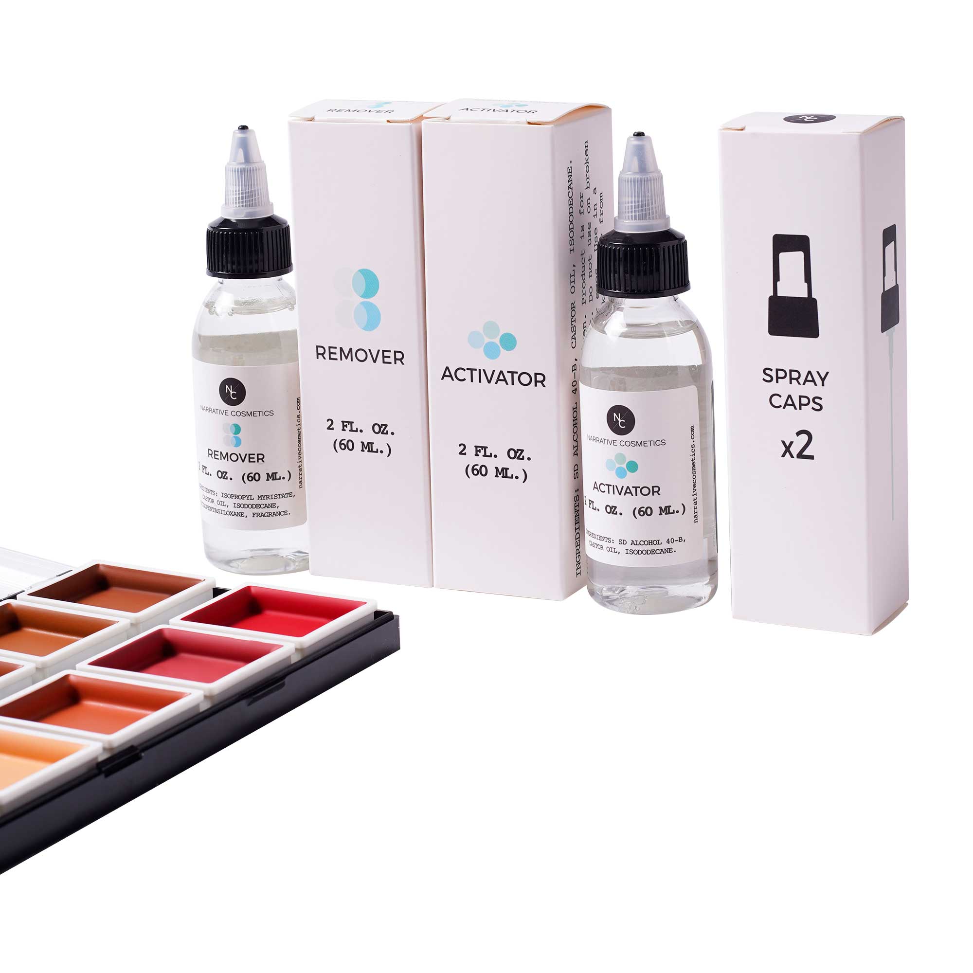 Remover, activator, and spray caps beside flesh tone alcohol palette