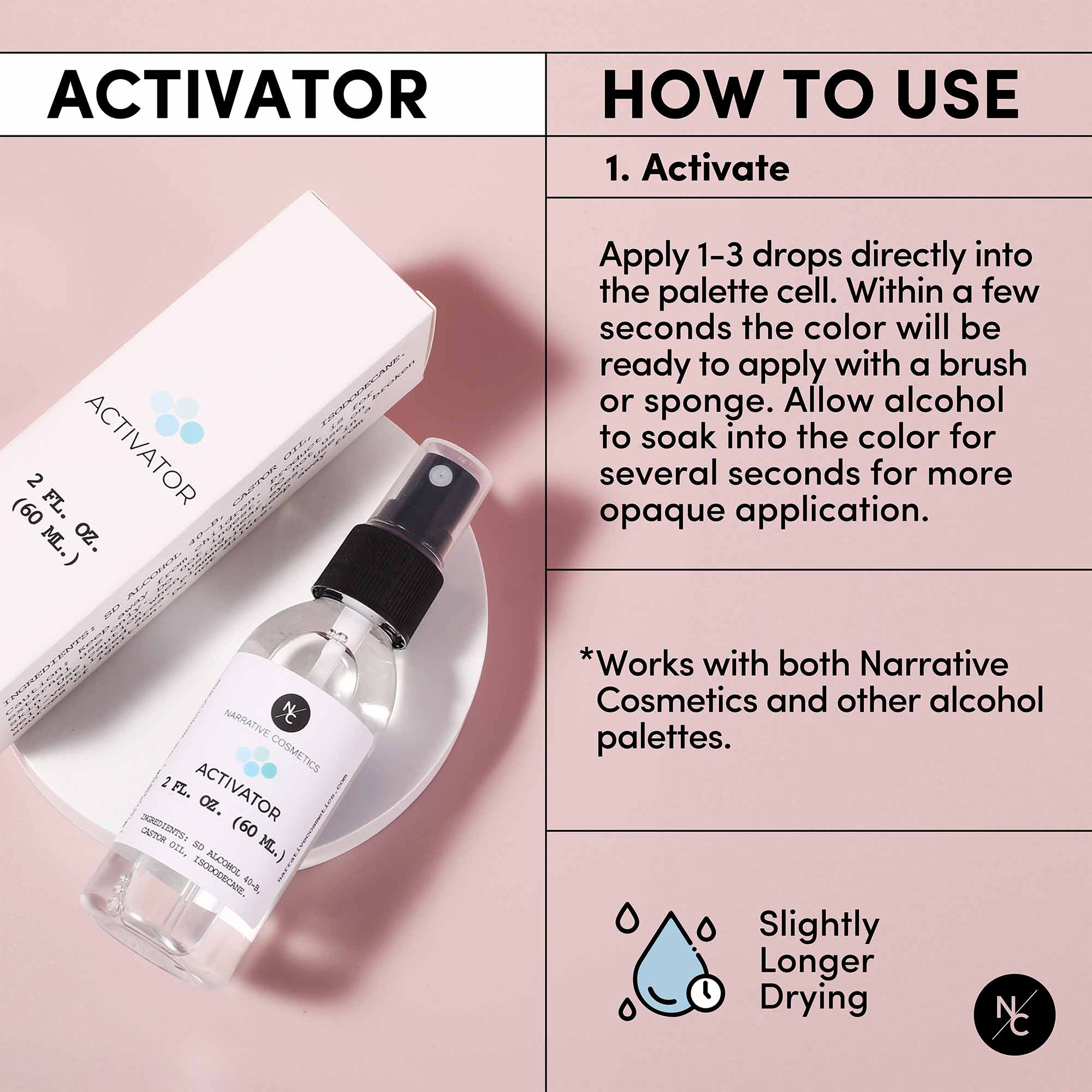 Activator instructions for alcohol-activated makeup