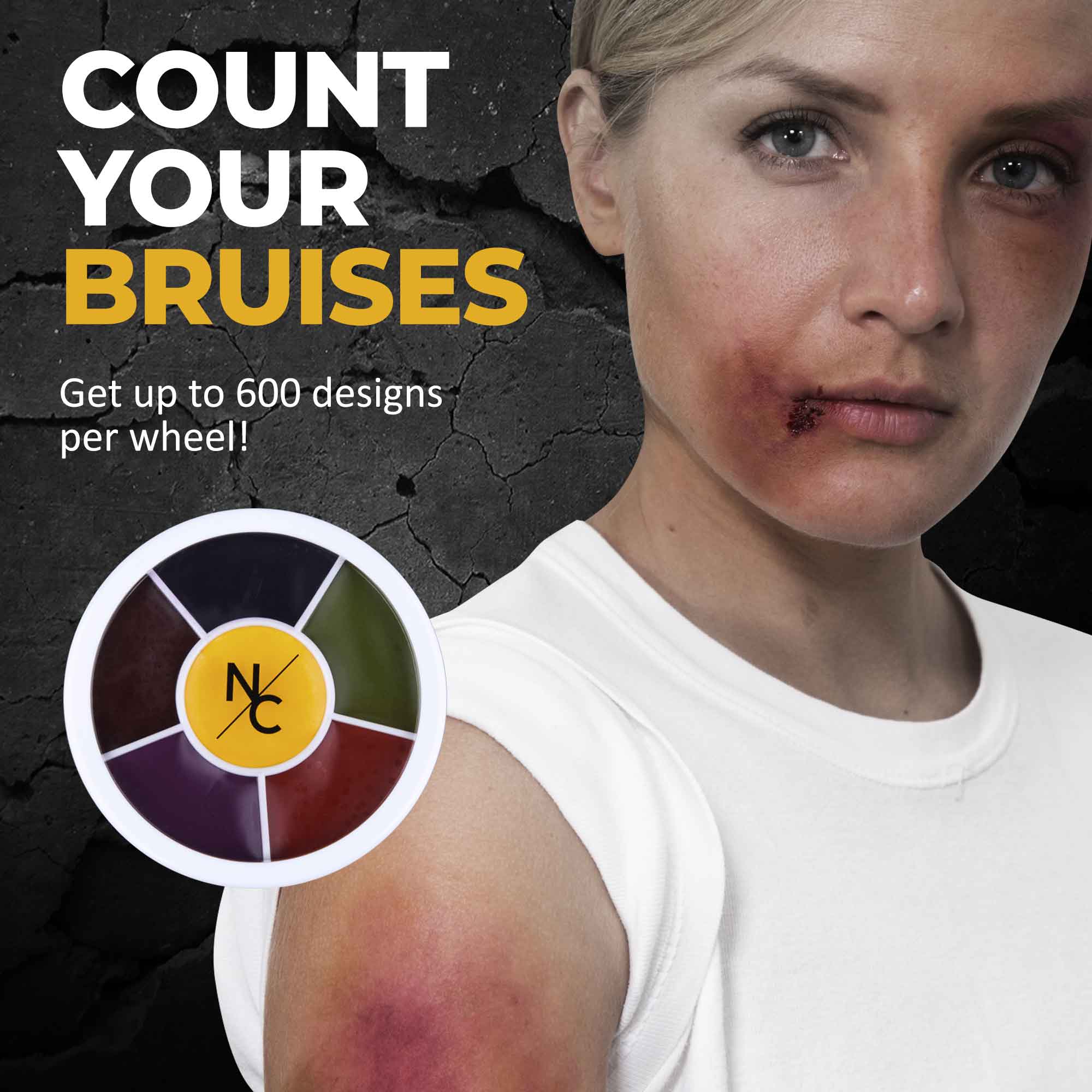 Count Your Bruises infographic — up to 600 designs per wheel, with model showing bruise SFX